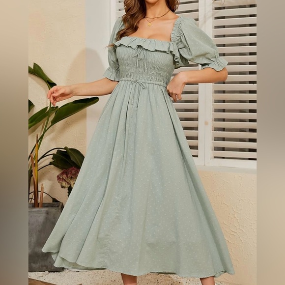 Cottage Core Olive Smocked Dress with Puff Sleeves - Picture 6 of 11